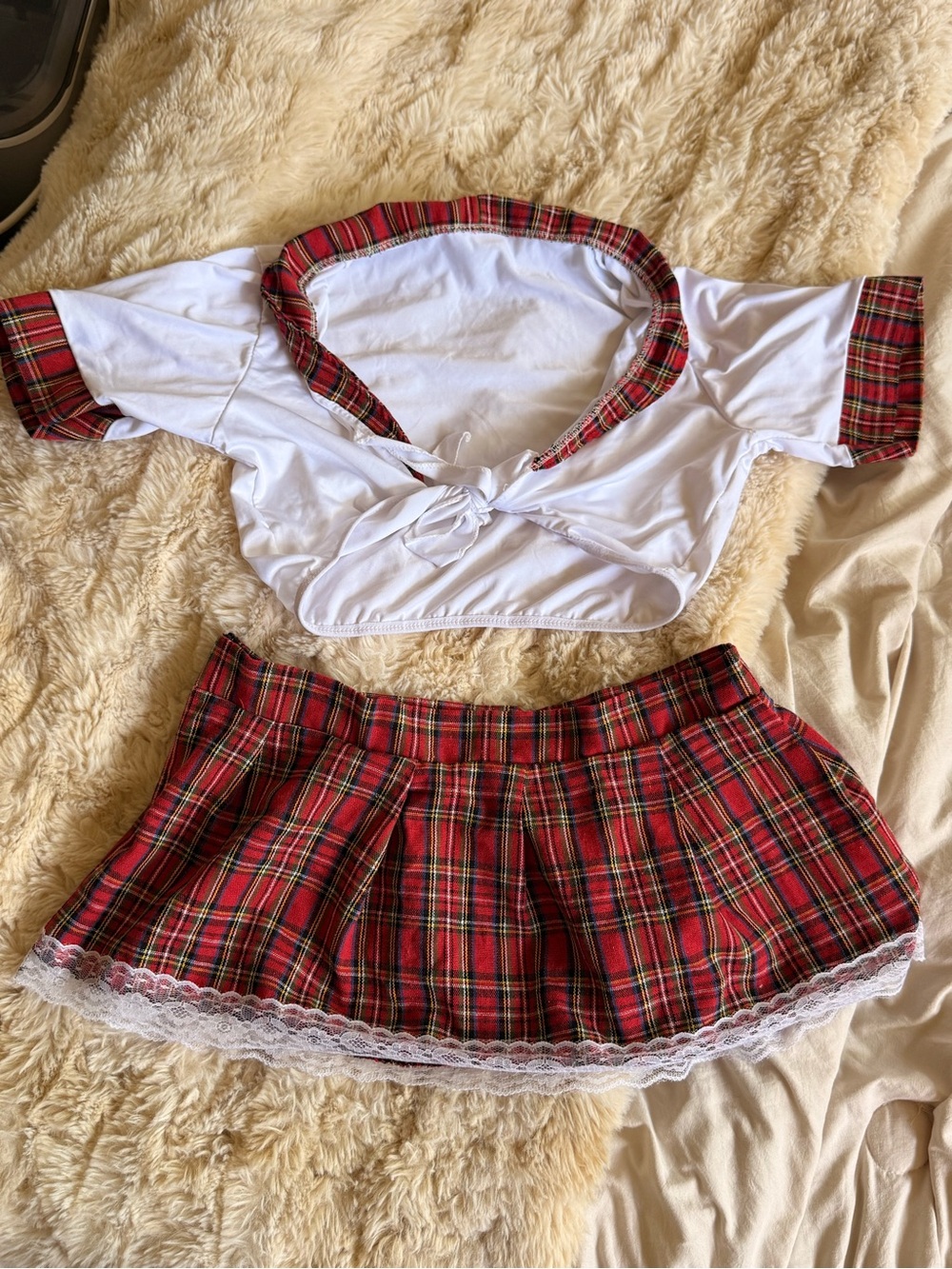 Plaid Schoolgirl Costume Set with White Tie-Front Top